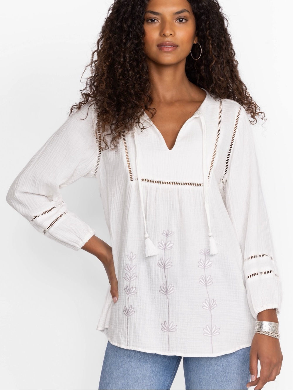 Johnny Was Calme Gauze Tunic Top in Natural Size Small